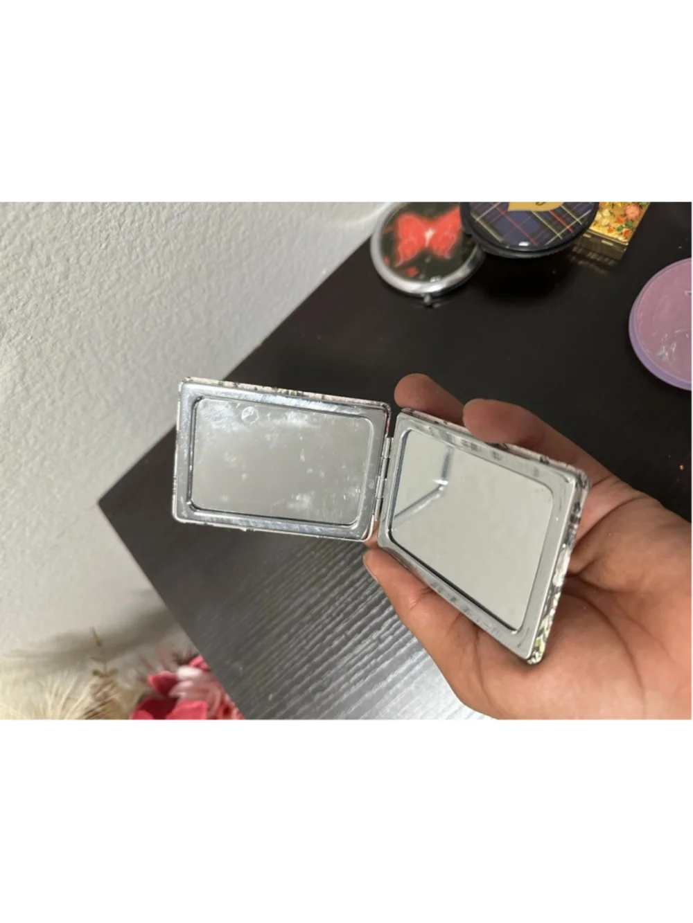 Rhinestone Bird Floral Rectangular Hinged Double Compact Mirror Case